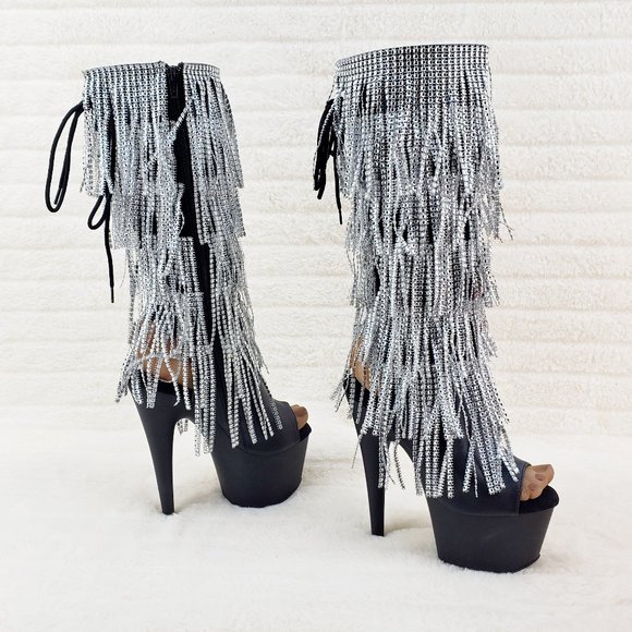 Black Silver 2024 Fringe High Heel Open Toe Knee Boots